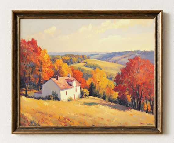 Autumn Hillside White Cottage Red Tile Roof Fall Landscape Art Poster