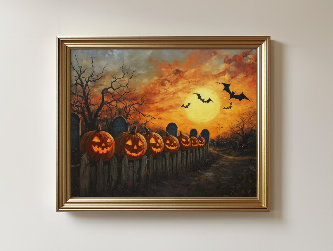 Rustic Autumn Sunset Print Pumpkins Bats Vintage Halloween Decor 209