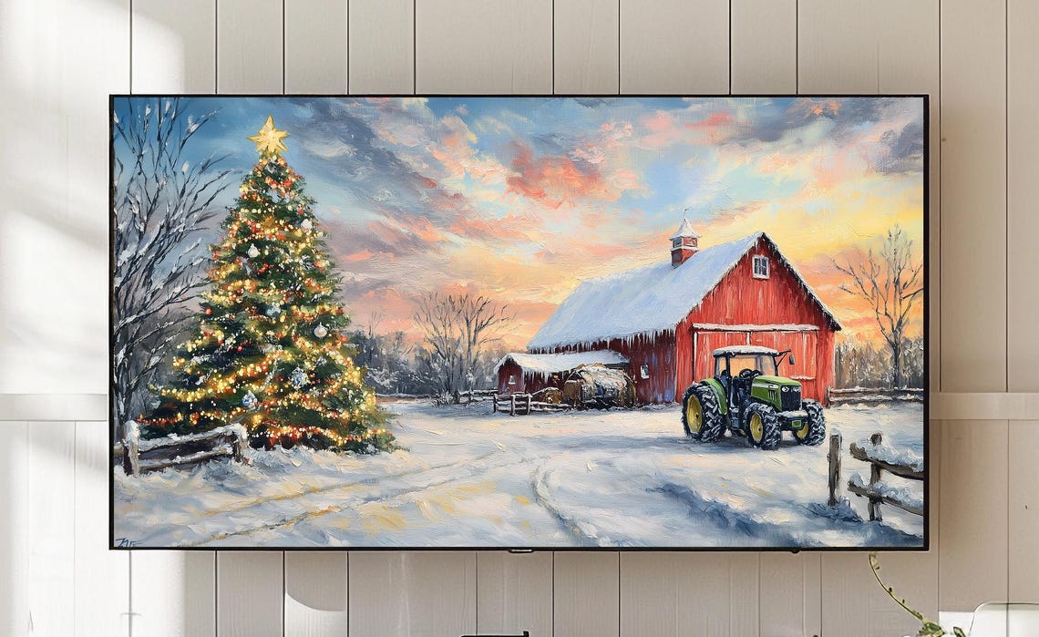Cozy Christmas Farm Red Barn Tractor Snowy Sunset Scene Poster