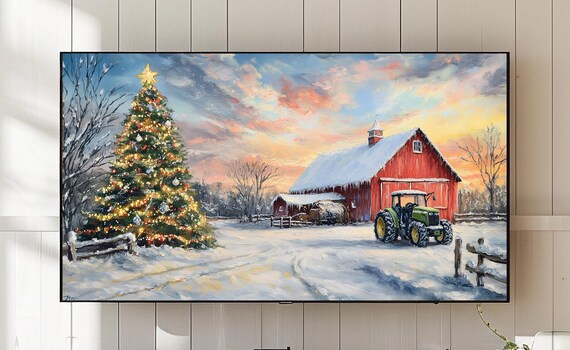 Cozy Christmas Farm Red Barn Tractor Snowy Sunset Scene Poster