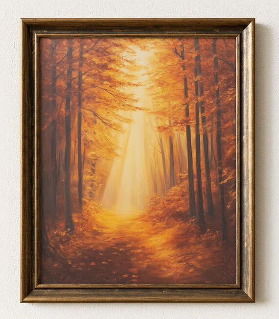 Golden Autumn Forest Path Glowing Sunlight Oil Painting Poster