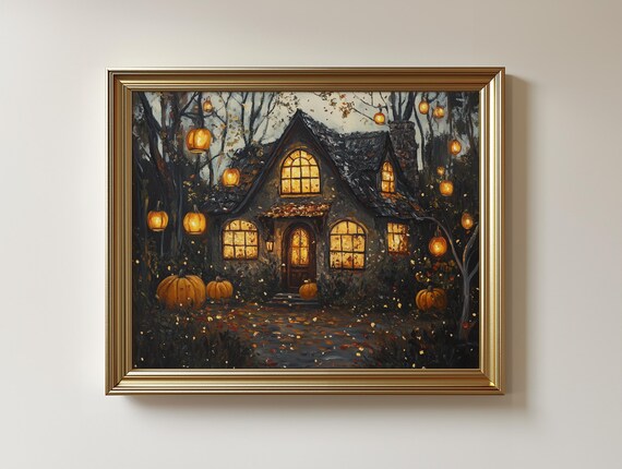 Rustic Cottage Autumn Night Glowing Lanterns Pumpkins Fall Art Print