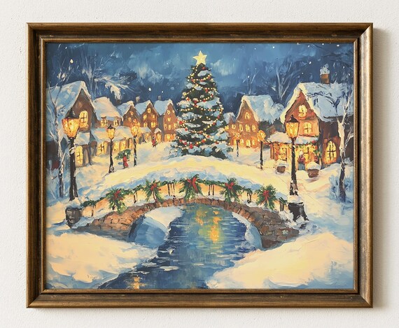Christmas Village Snowy Winter Cottage Scene Print 630