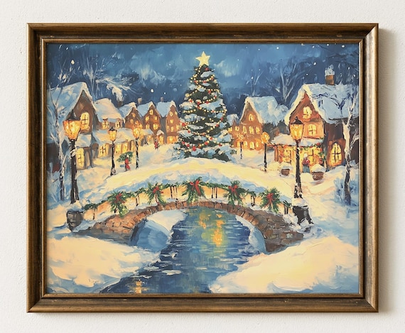 Christmas Village Stone Bridge Snowy Winter Scene Night Poster