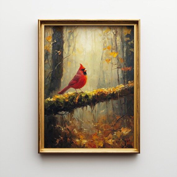 Autumn Cardinal Painting Vibrant Fall Forest Scene Art 222