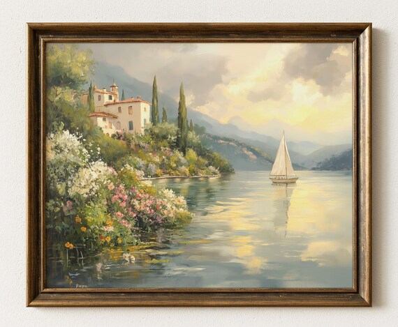 Italian Lakeside Villa With Sailboat Impressionist Landscape Poster