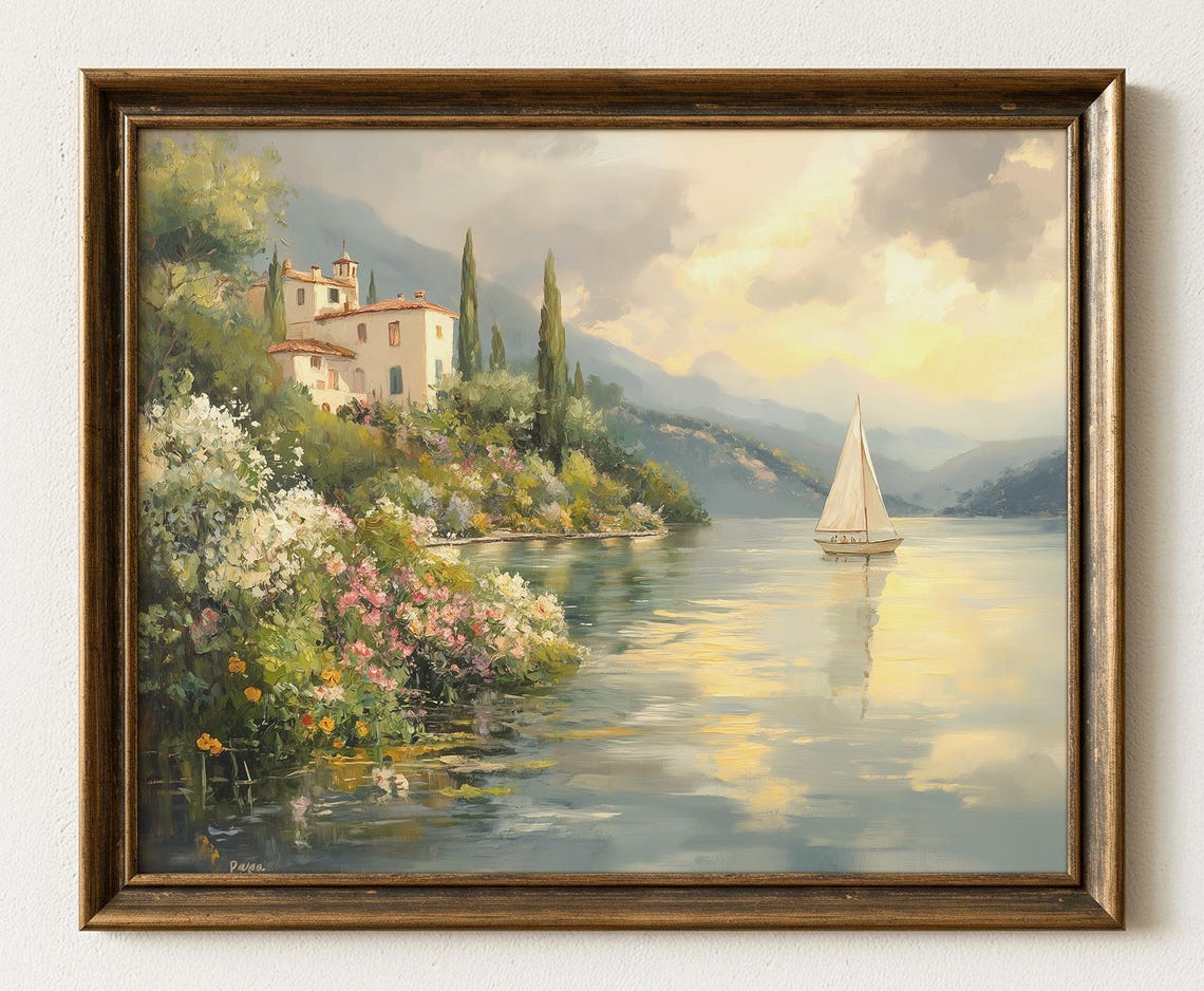 Italian Lakeside Villa With Sailboat Impressionist Landscape Poster