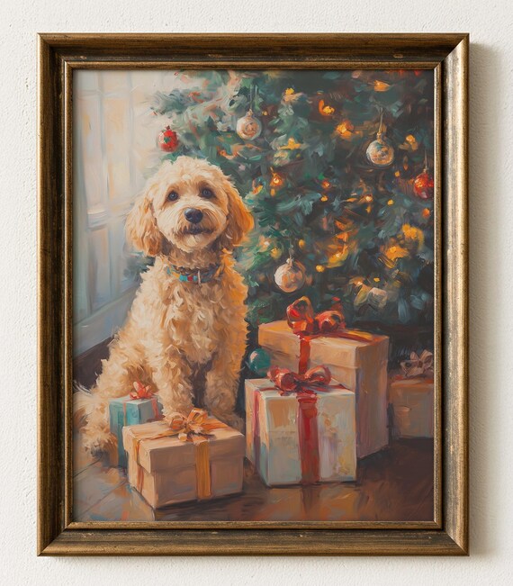 Adorable Goldendoodle Puppy with Christmas Gifts Holiday Poster