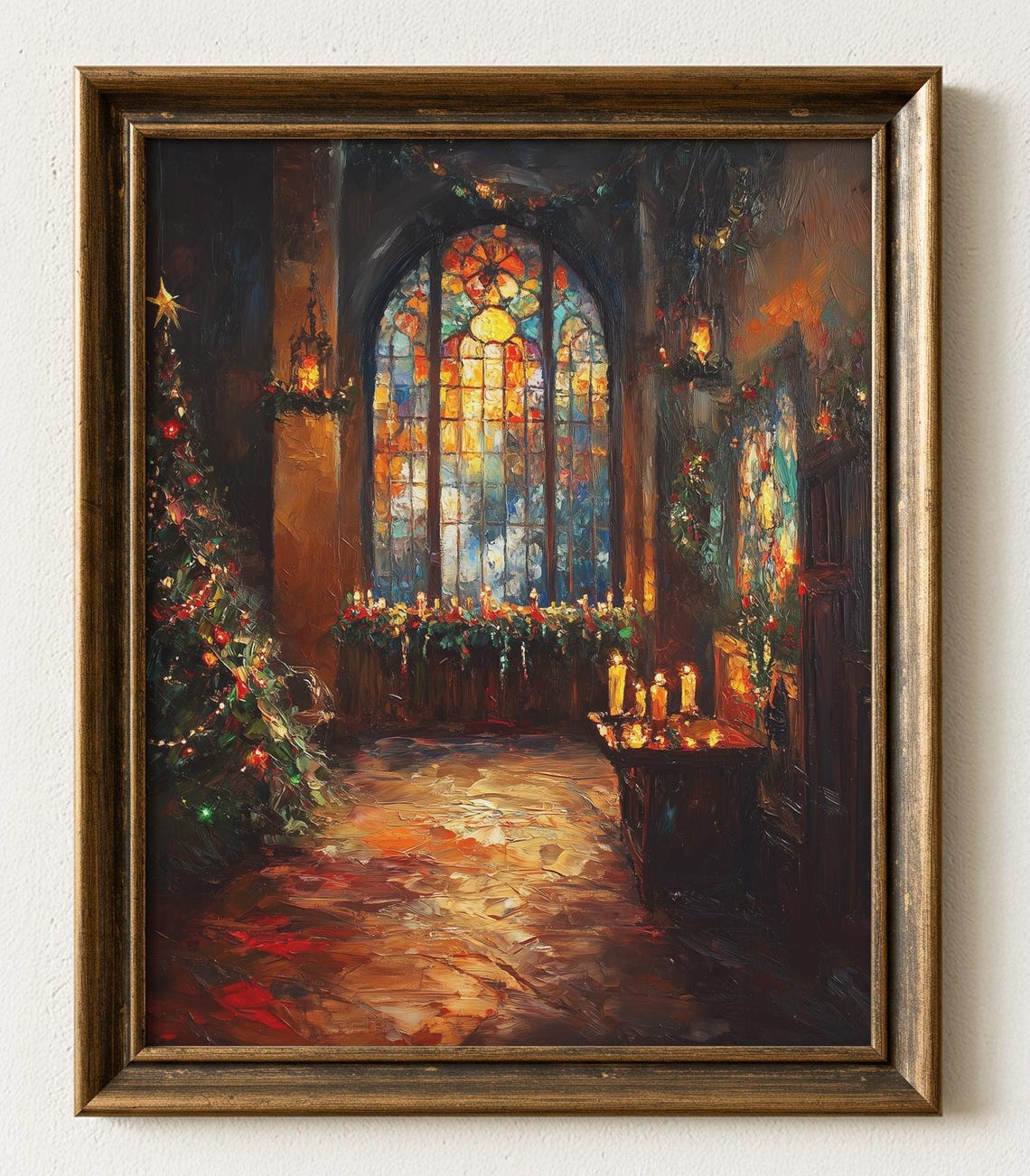 Candlelit Christmas Chapel Stained Glass Oil Painting Poster