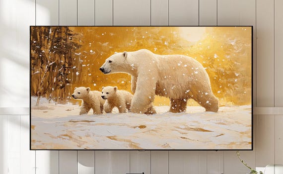 Winter Polar Bear Family Frame Tv Art Snowy Landscape 805