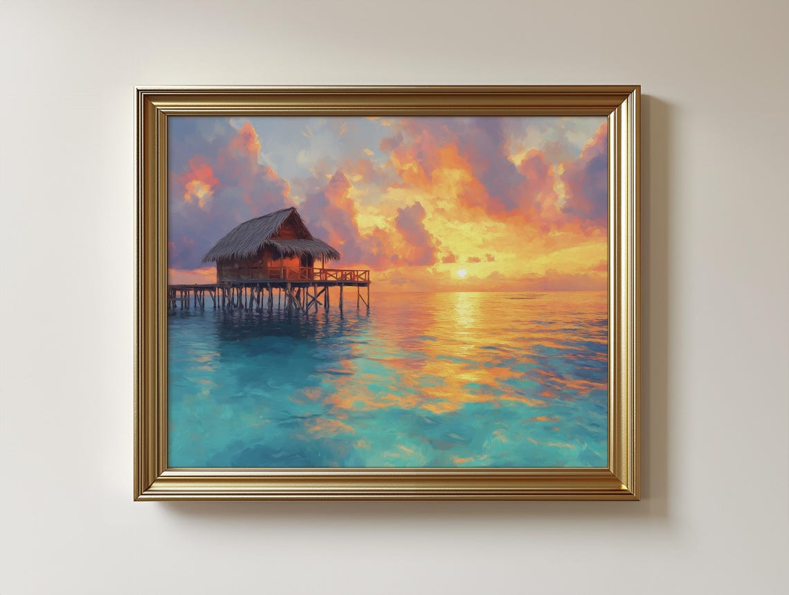 Overwater Hut At Tropical Sunset Seascape Oil Painting Poster