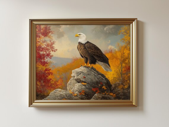 Bald Eagle Autumn Landscape, Rustic Wildlife Painting
