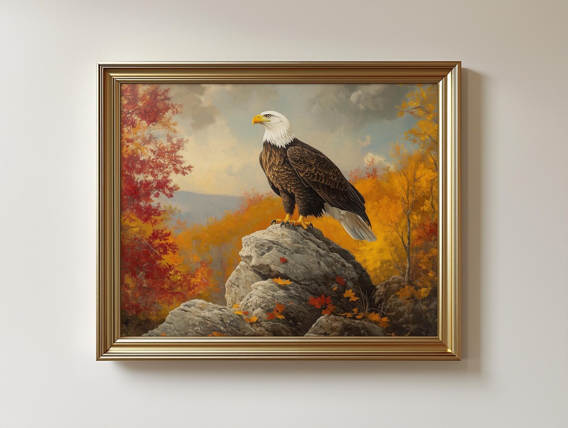 Bald Eagle Autumn Landscape, Rustic Wildlife Painting