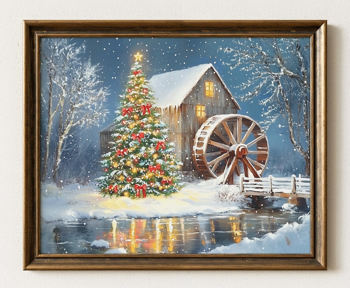 Snowy Christmas Watermill With Decorated Tree Falling Snow Night Poster