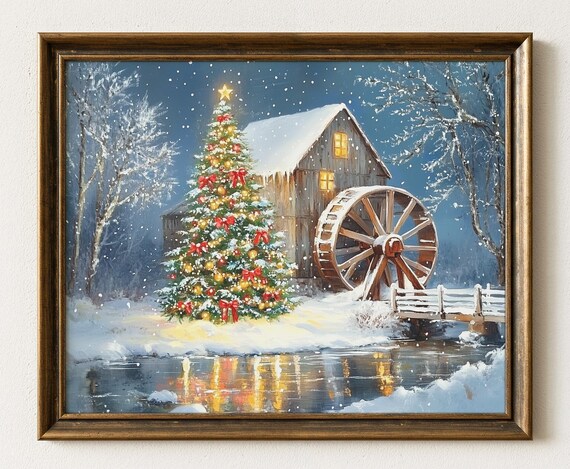 Rustic Christmas Tree Print Snowy Winter Mill Scene Vintage Holiday Art 623