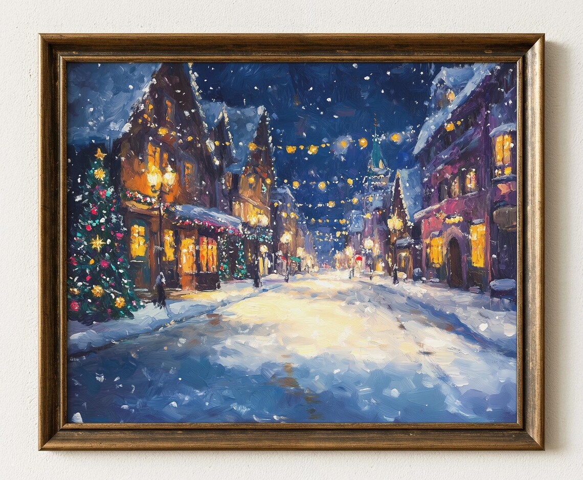 Winter Town Square Christmas Print Vintage Holiday Scene 650
