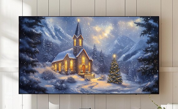 Alpine Snowy Mountain Church Christmas Night Wonderland Art Poster