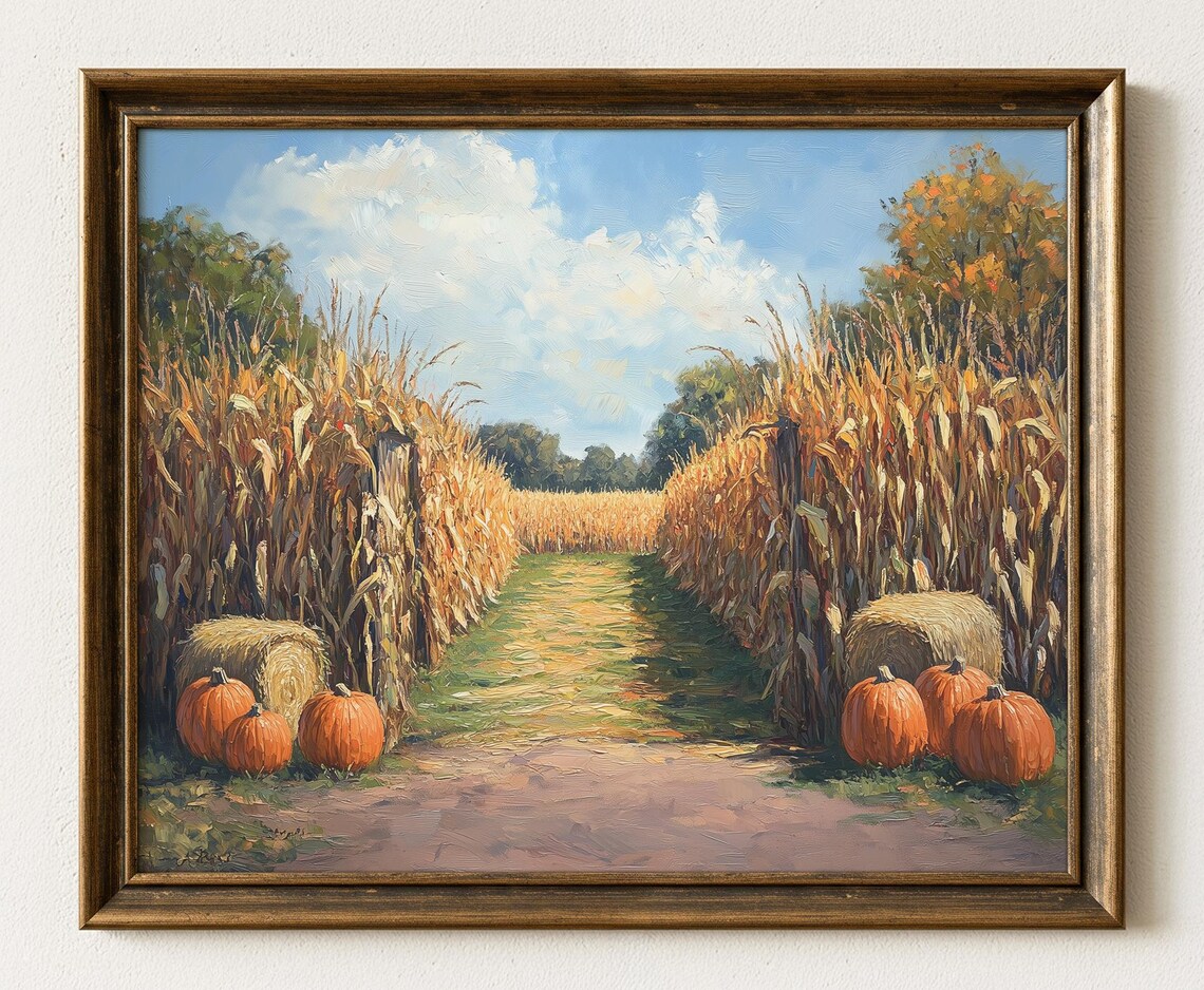 Rustic Autumn Corn Maze Print Vintage Farmhouse Fall Landscape 712