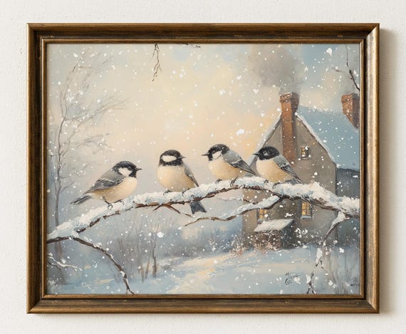 Winter Chickadees Painting Rustic Snowy Branch Cottage Art 654