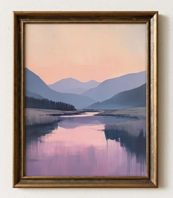 Mountain Dusk Landscape Art Print Pastel Reflective Scene 988