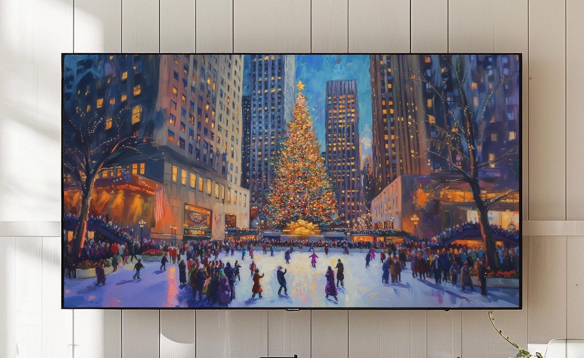 Christmas Rockefeller Center Frame Tv Art Rustic Moody Holiday Scene Festive Tree Urban Winter Cityscape 1217