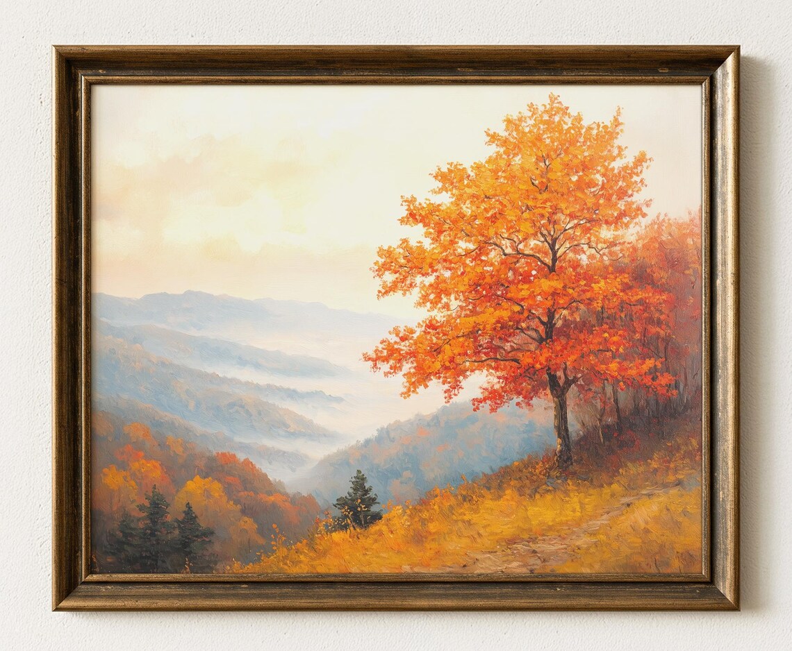 Rustic Autumn Tree Landscape Art Golden Hillside Painting 1013
