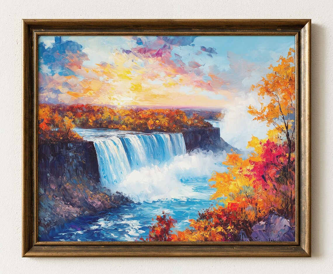 Niagara Falls Autumn Sunset Oil Painting Vibrant Fall Colors Poster
