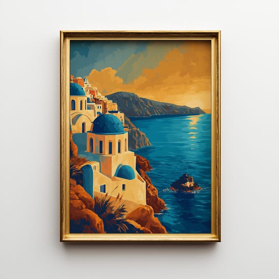 Santorini Sunset Art Deco Print Vintage Travel Poster 153