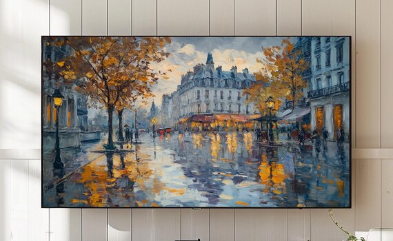 Autumn Rainy Town Square Oil Painting For Frame Tv 741