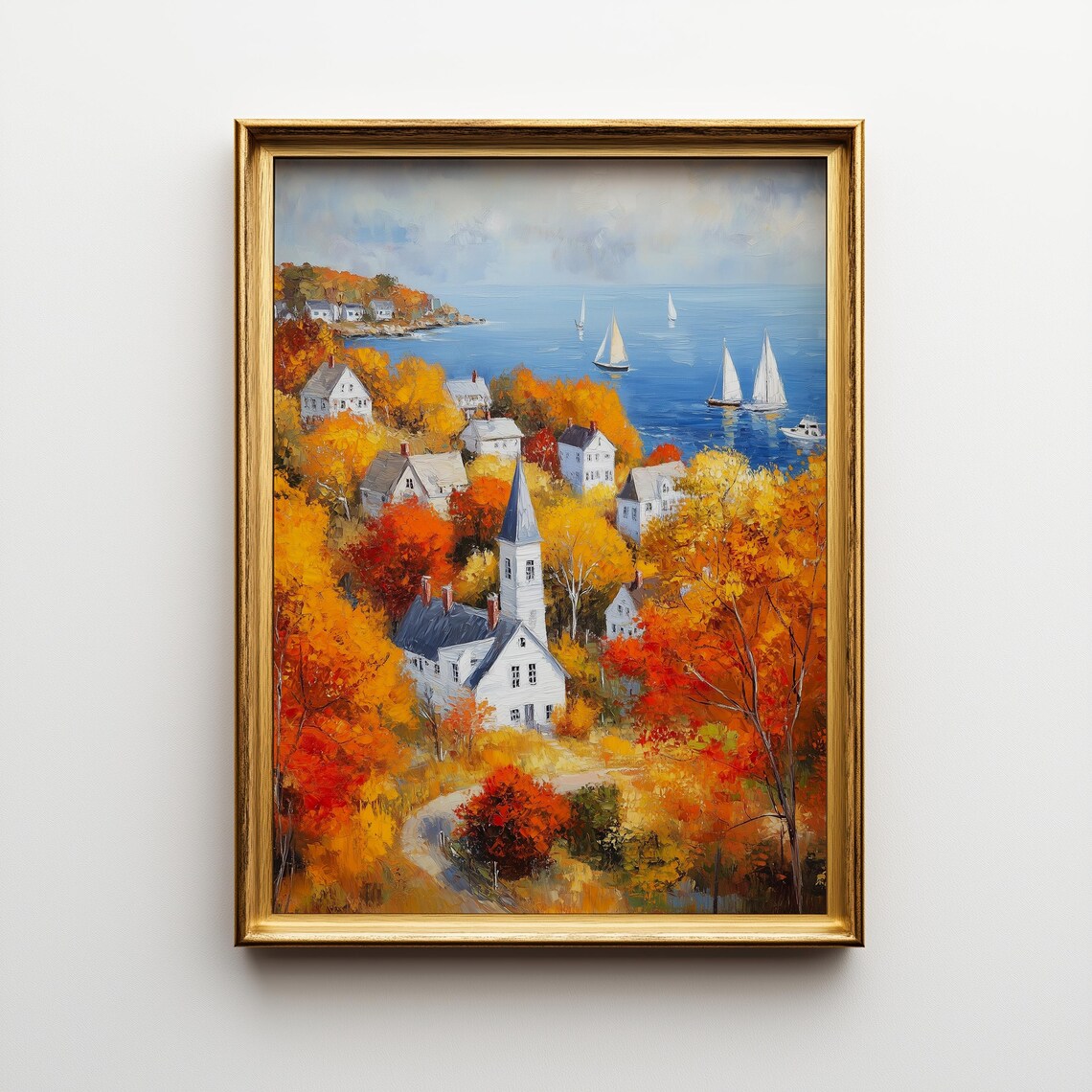 New England Autumn Vintage Coastal Town Art Print