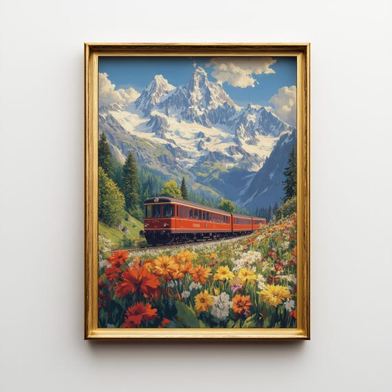 Retro Swiss Alps Travel Poster Vintage Train Floral Meadow Art 180