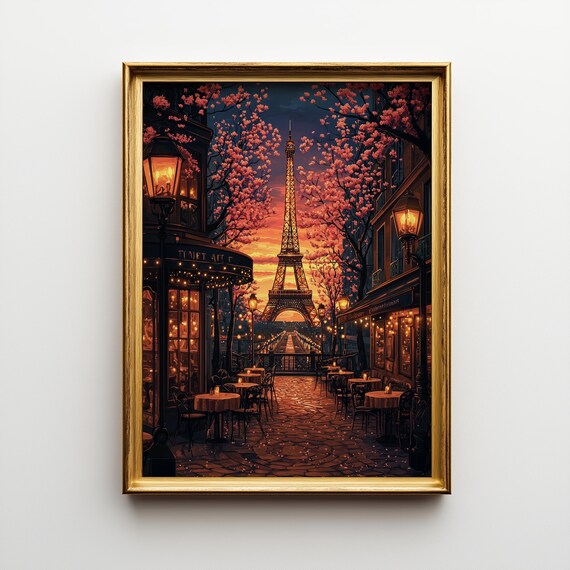 Art Deco Paris Print, Eiffel Tower Spring Evening
