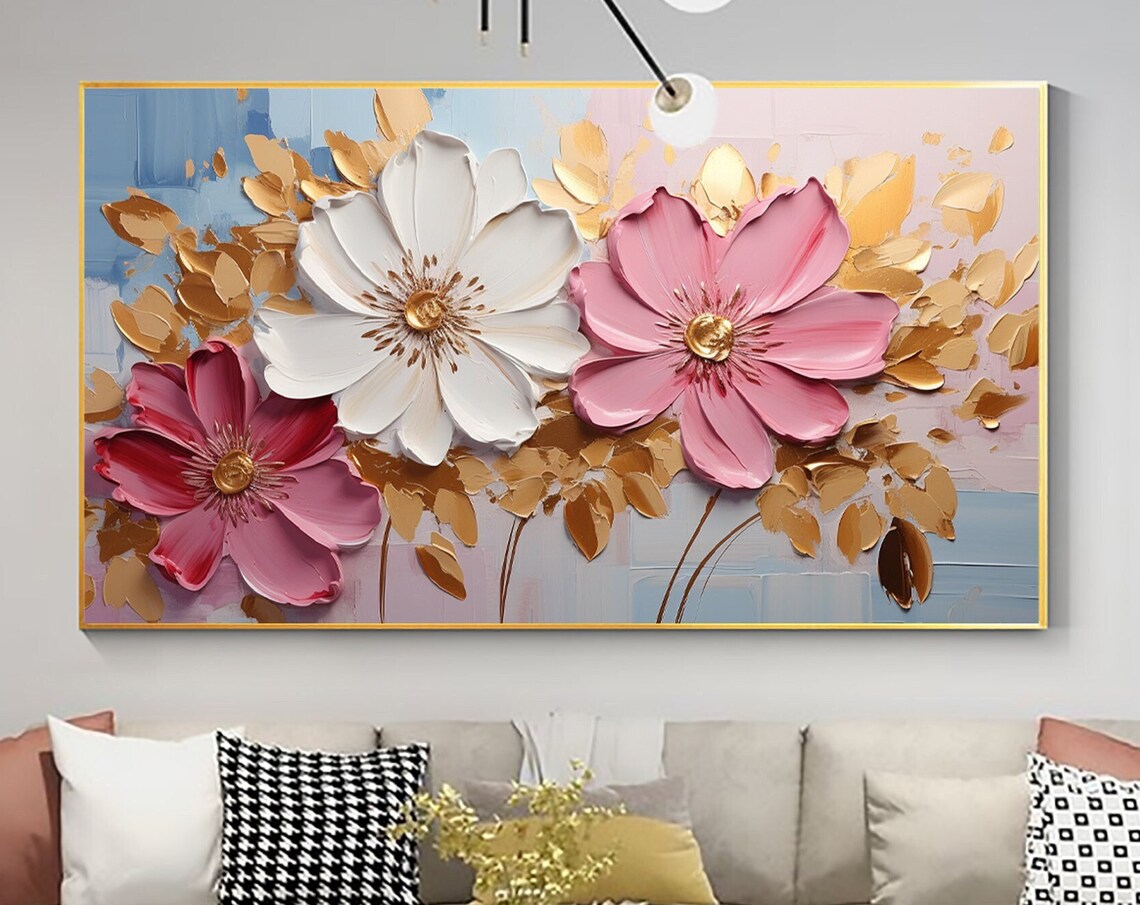 Abstract Flower Oil-Painting Style Print, Custom Gold Decor