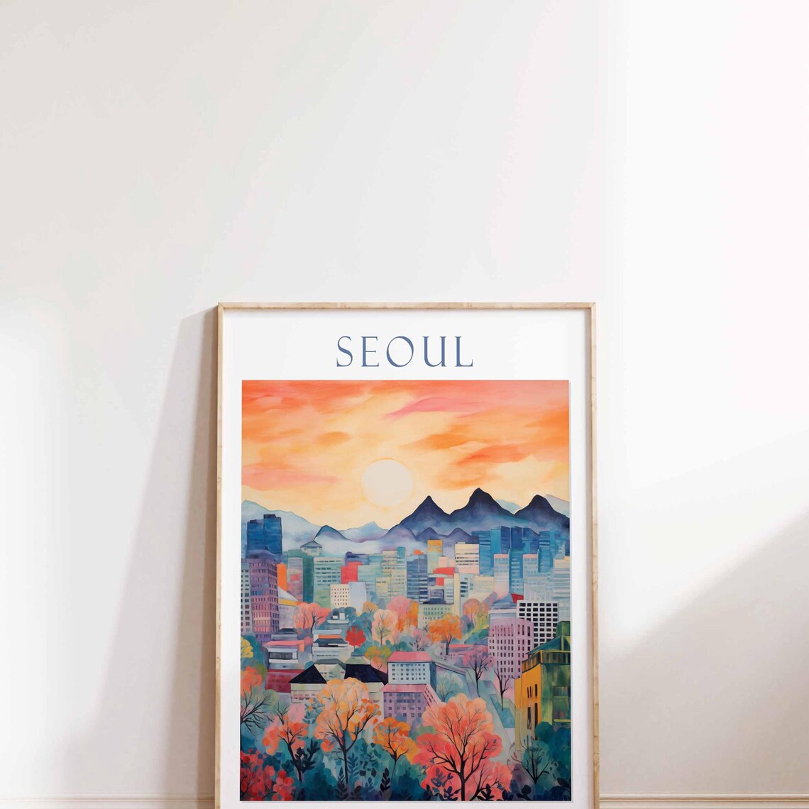 Seoul South Korea Skyline Sunset Mountains Watercolor Travel Poster