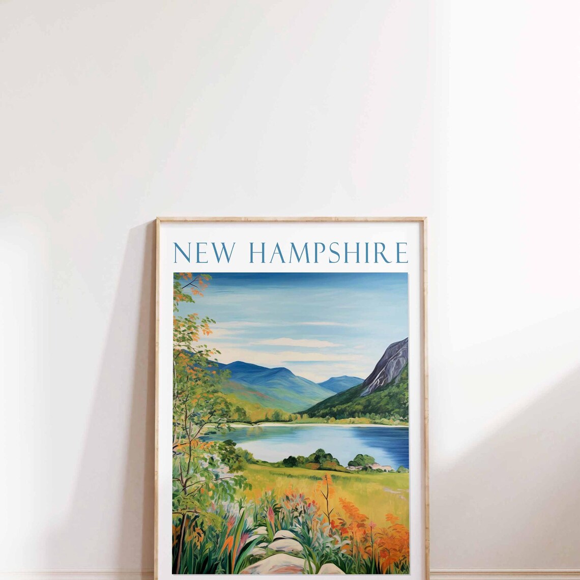 New Hampshire White Mountain Lake Autumn Watercolor Travel Poster