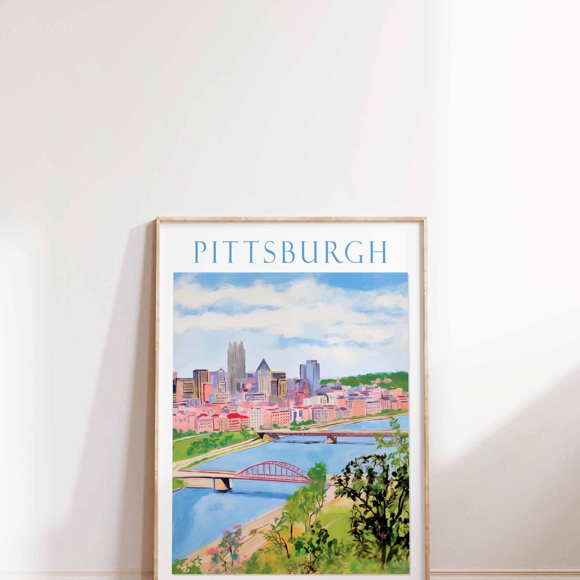 Pittsburgh Pennsylvania River Bridges Skyline Watercolor Travel Poster