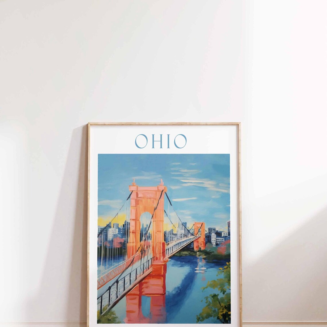 Ohio Roebling Bridge Cincinnati Skyline Watercolor Travel Poster