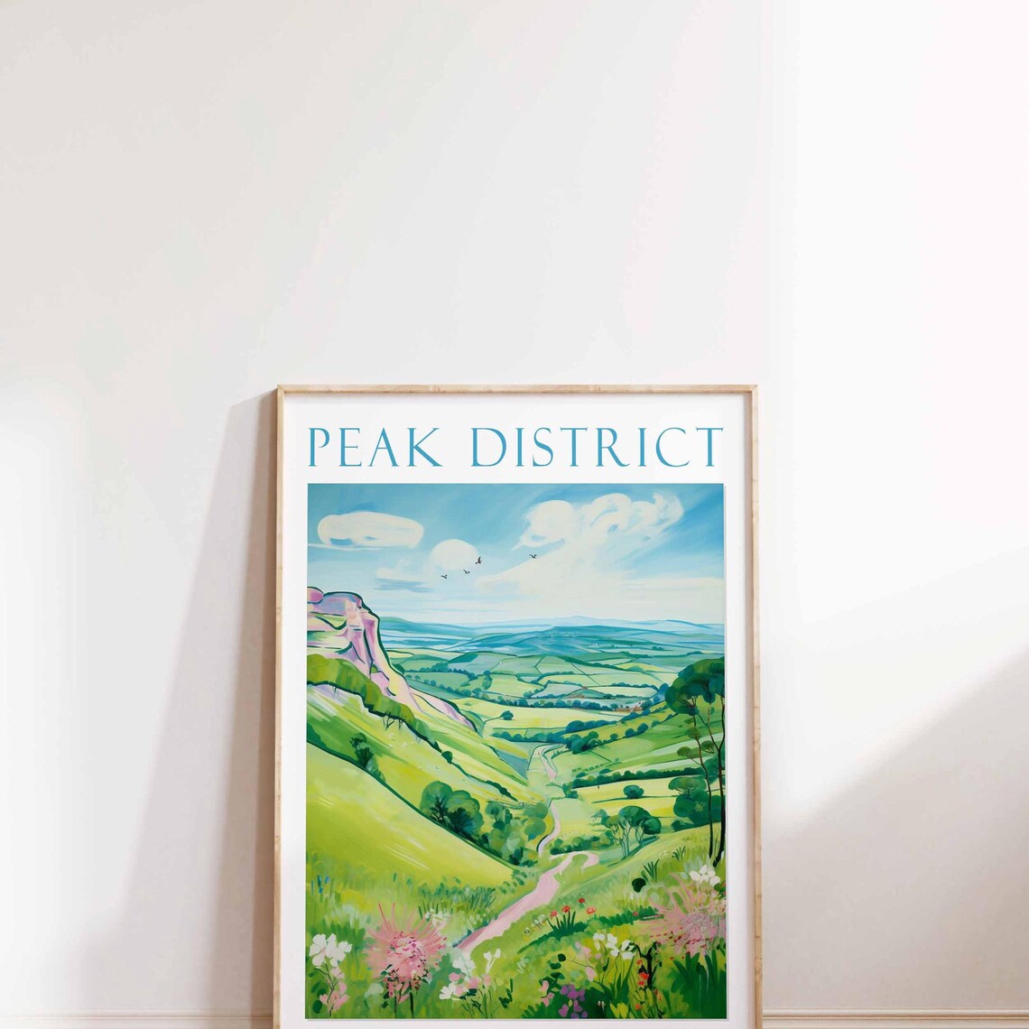 Peak District Rolling Green Valley Vista Watercolor Travel Poster