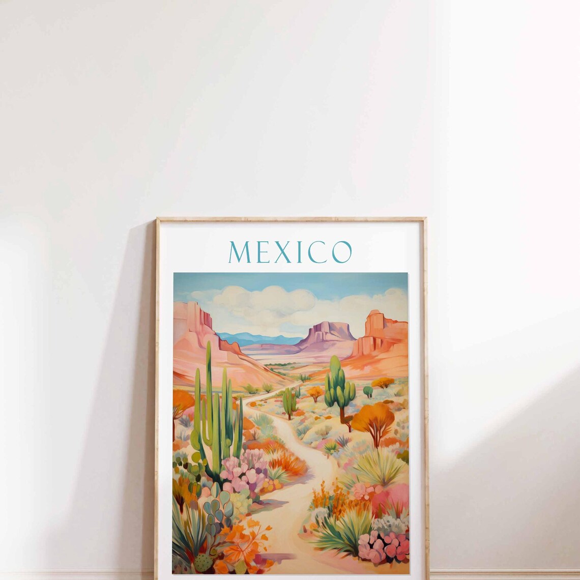 Mexico Desert Canyon Cactus Wildflower Watercolor Travel Poster