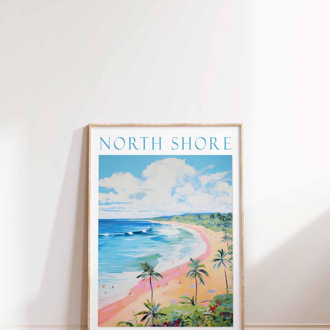 North Shore Hawaii Sandy Beach Surfers Watercolor Travel Poster