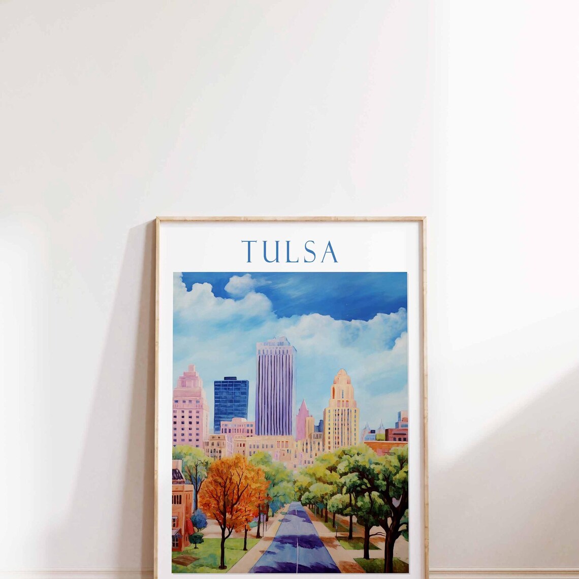 Tulsa Oklahoma Skyline Autumn Avenue Watercolor Travel Poster