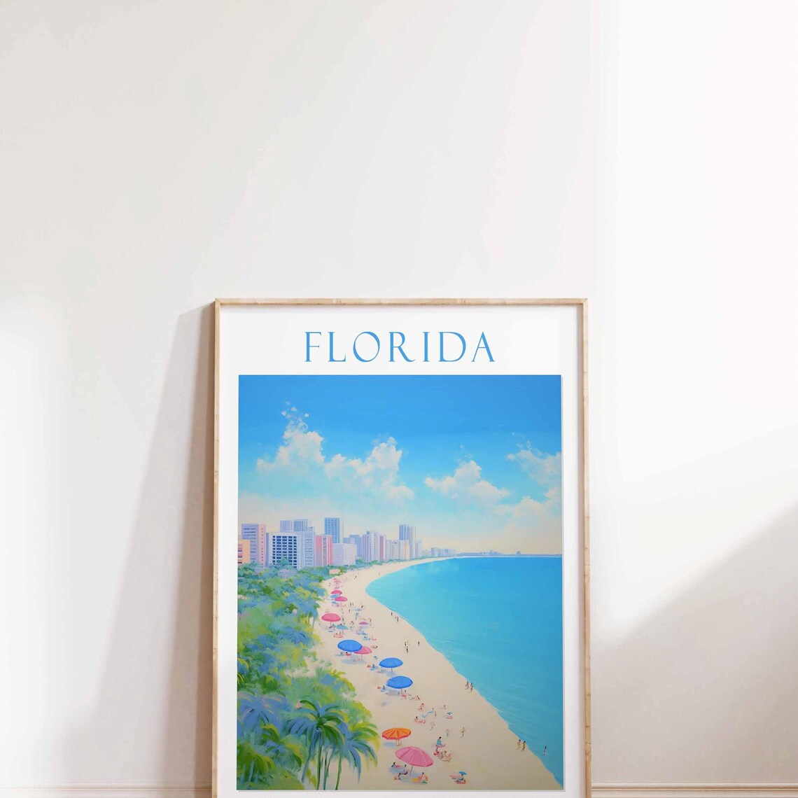 Florida Miami Beach Ocean Umbrellas Watercolor Travel Poster