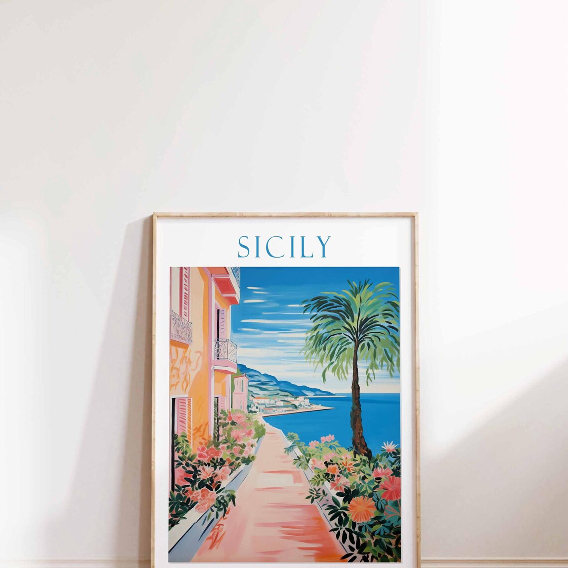 Sicily Seaside Promenade Bougainvillea Watercolor Travel Poster