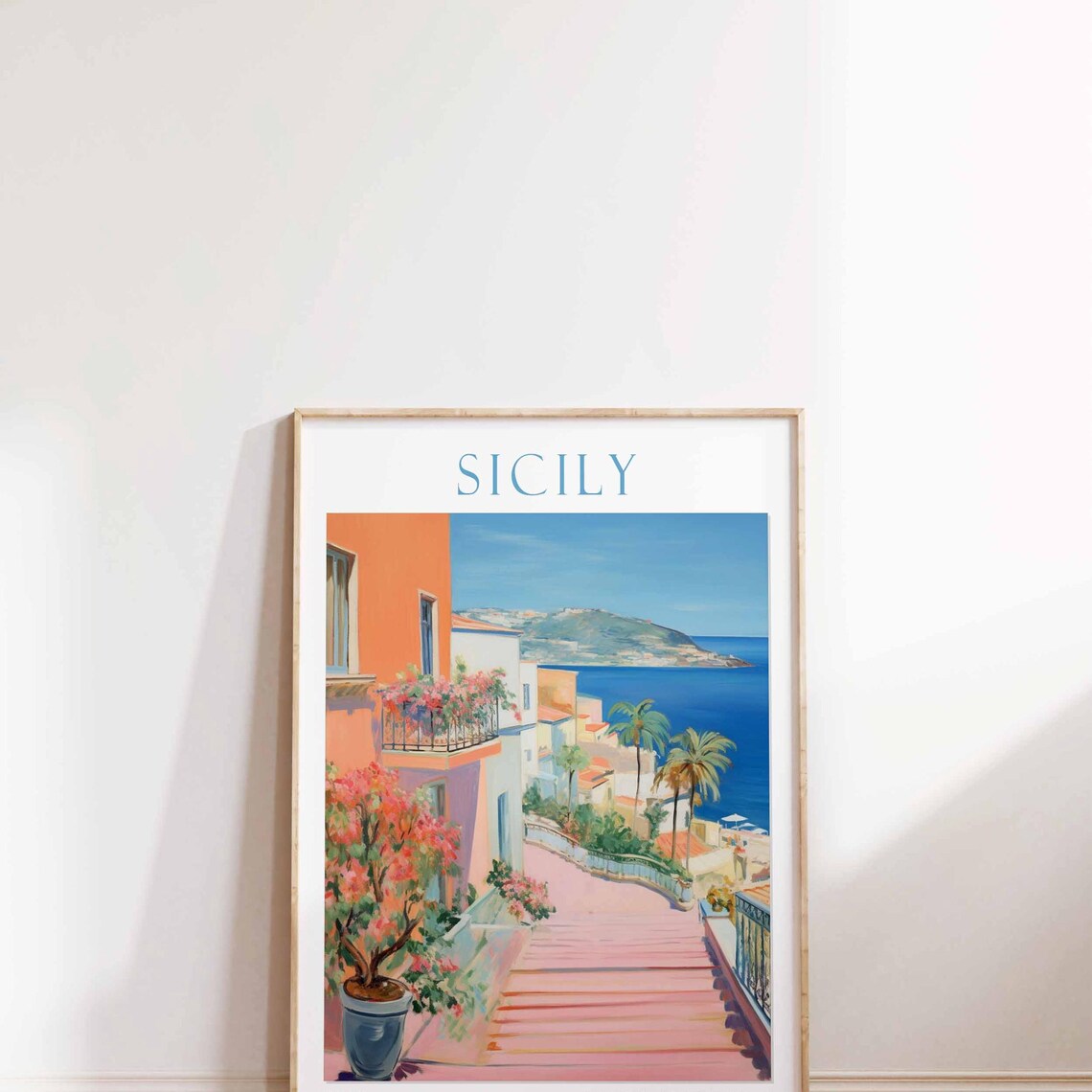 Sicily Coastal Village Steps Seaside Town Watercolor Travel Poster
