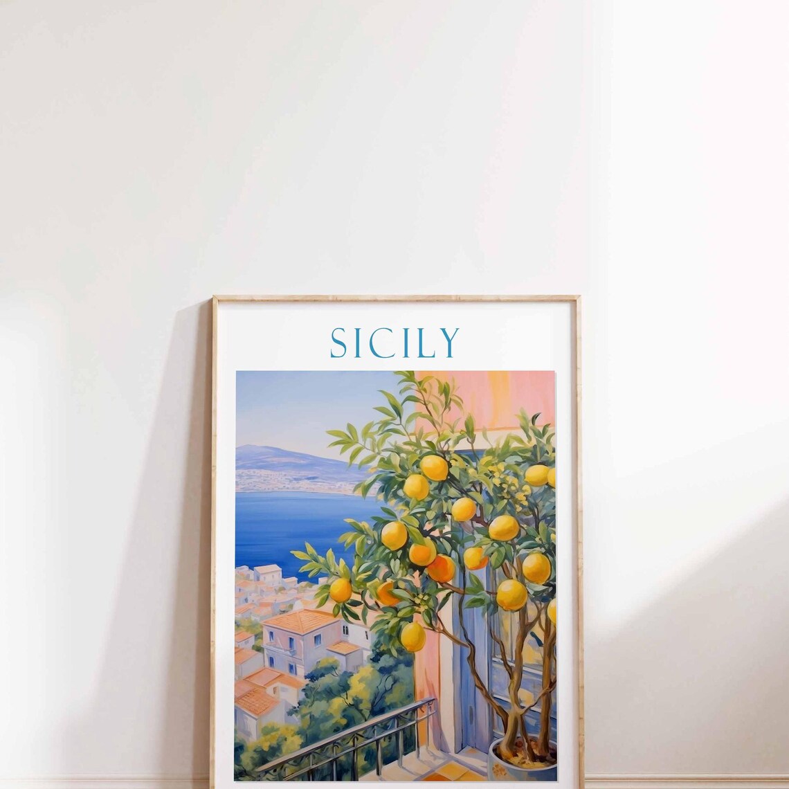 Sicily Citrus Lemon Tree Terrace Sea View Watercolor Travel Poster