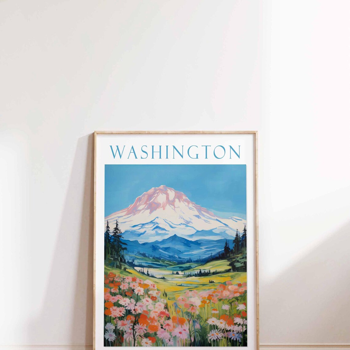 Washington Mount Rainier Wildflower Meadow Watercolor Travel Poster