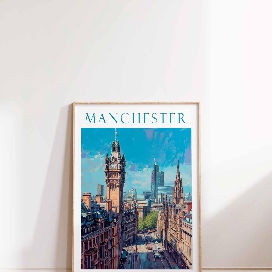 Manchester England Town Hall Street Watercolor Travel Poster