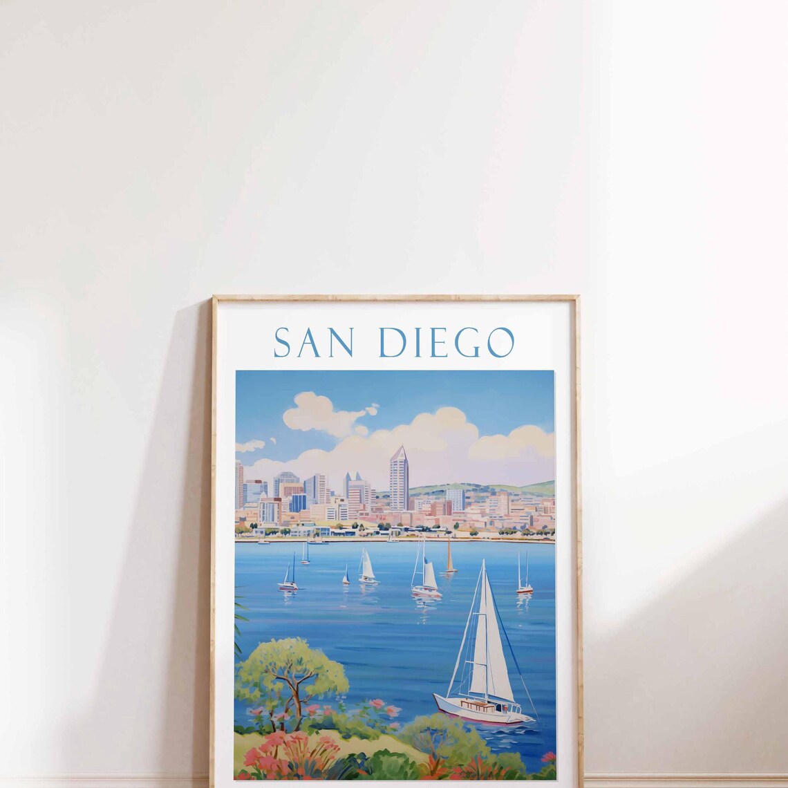 San Diego California Bay Sailboats Harbor Watercolor Travel Poster