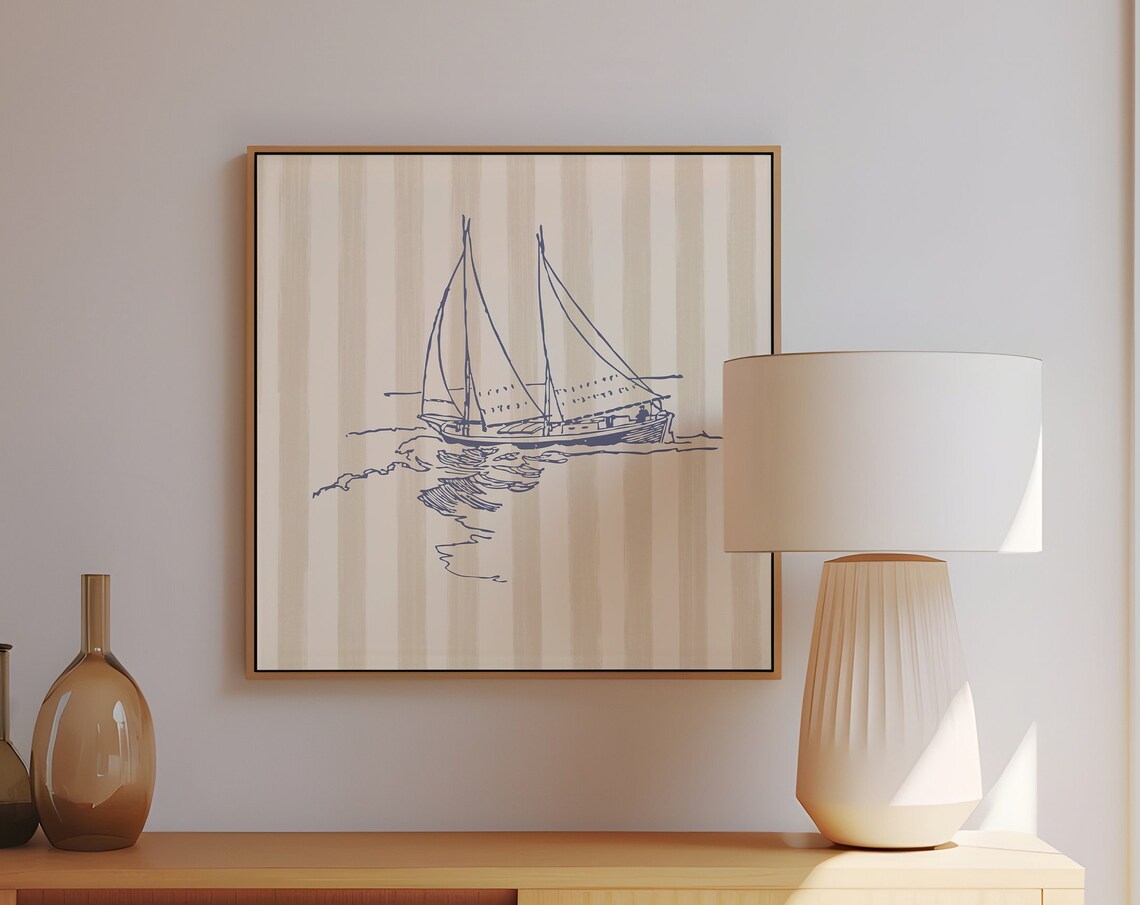 Cream Striped Sailboat Art Print, Nautical Decor - Image 2