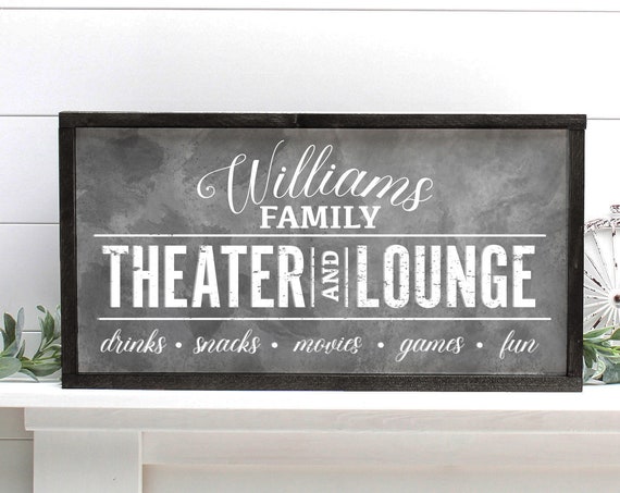 Williams Family Theater And Lounge Gray Watercolor Home Sign Poster
